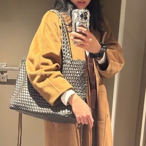 Bottega-esque Faux Leather Woven Black and Gray Tote Bag